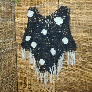 NWT Lakhay Crochet Shawl Black W/ White Flowers Fringe Mohair Wool